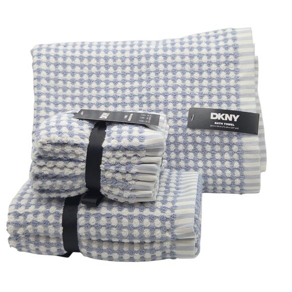 DKNY 8pc Cotton Towel Set 2 Bath 4 Wash 2 Hand  Blue And White Monet Tile - Picture 1 of 14